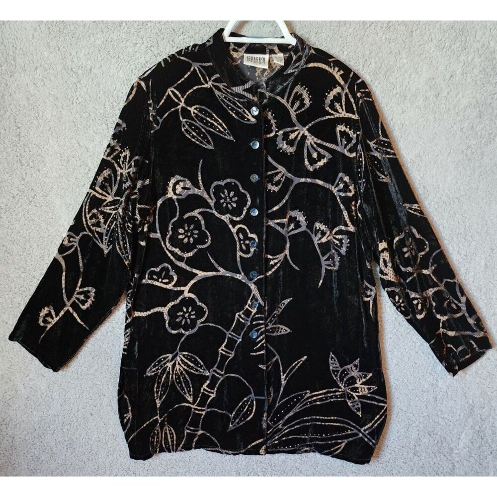Chicos Womens Long Sleeve Button Front Top Velvet Burnout Floral Silk Blend Sz L